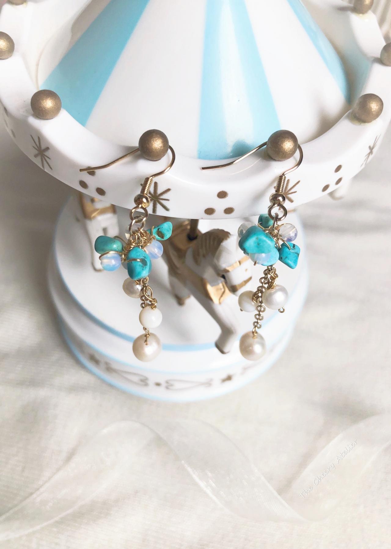 Earrings - Freshwater Pearls, Moonstone, Turquoise Buts, Shell Pearl And 14k Gold Plated, Bridesmaid, Beginnings