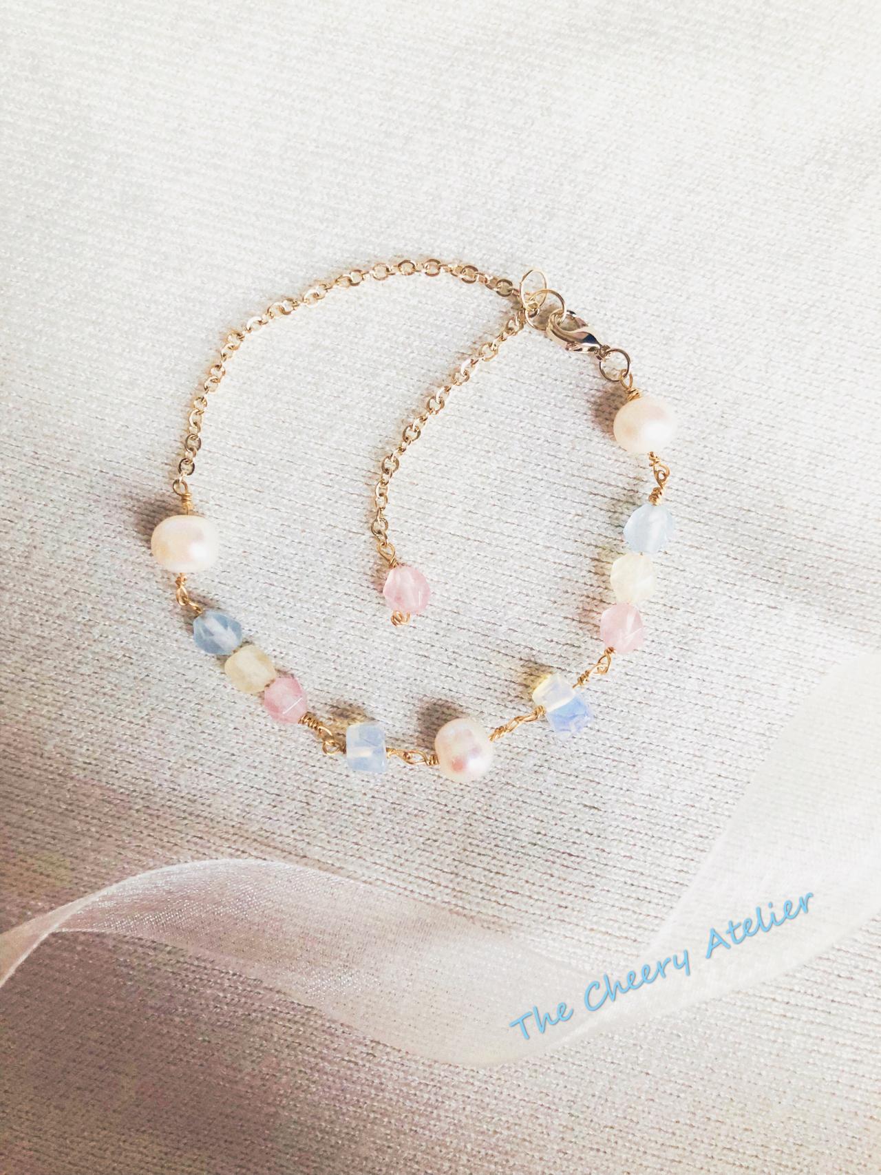Dreamy tricolor pastel color bracelet, morganite, Freshwater pearls, moonstone, 14K gold plated, new beginning, dainty, Bridesmaid