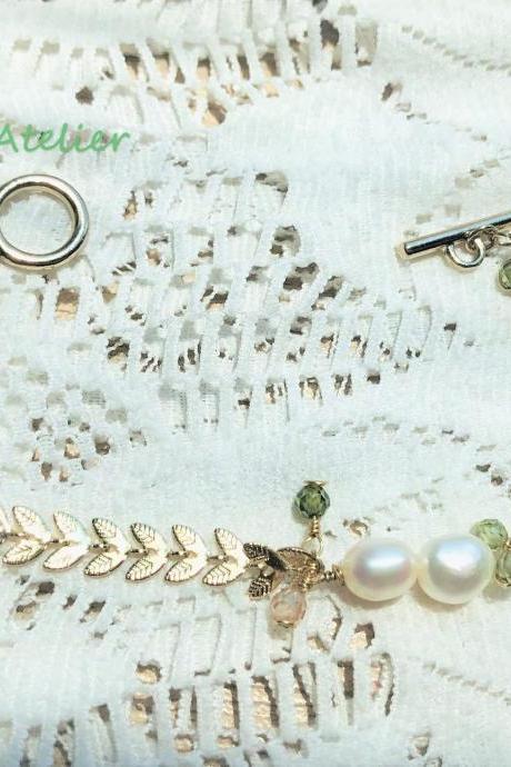 Baroque Pearl Bracelet, 14k Gold Plated, Olive Green &amp;amp;amp; Light Brown Zircon, Leaf Chain