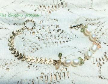 Baroque Pearl Bracelet, 14K Gold Plated, Olive Green & Light Brown Zircon, Leaf Chain